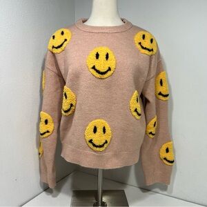 Grey Lab Soft Pink Smiley Sweater Large Boutique soft cozy happy face bold